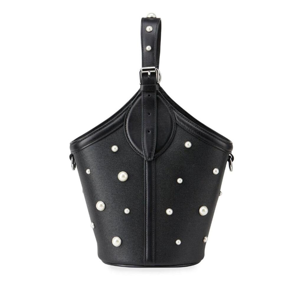 Rebecca Minkoff Black Studded Mini Bucket Bag Round Base Silver Hardware Read - Picture 1 of 9